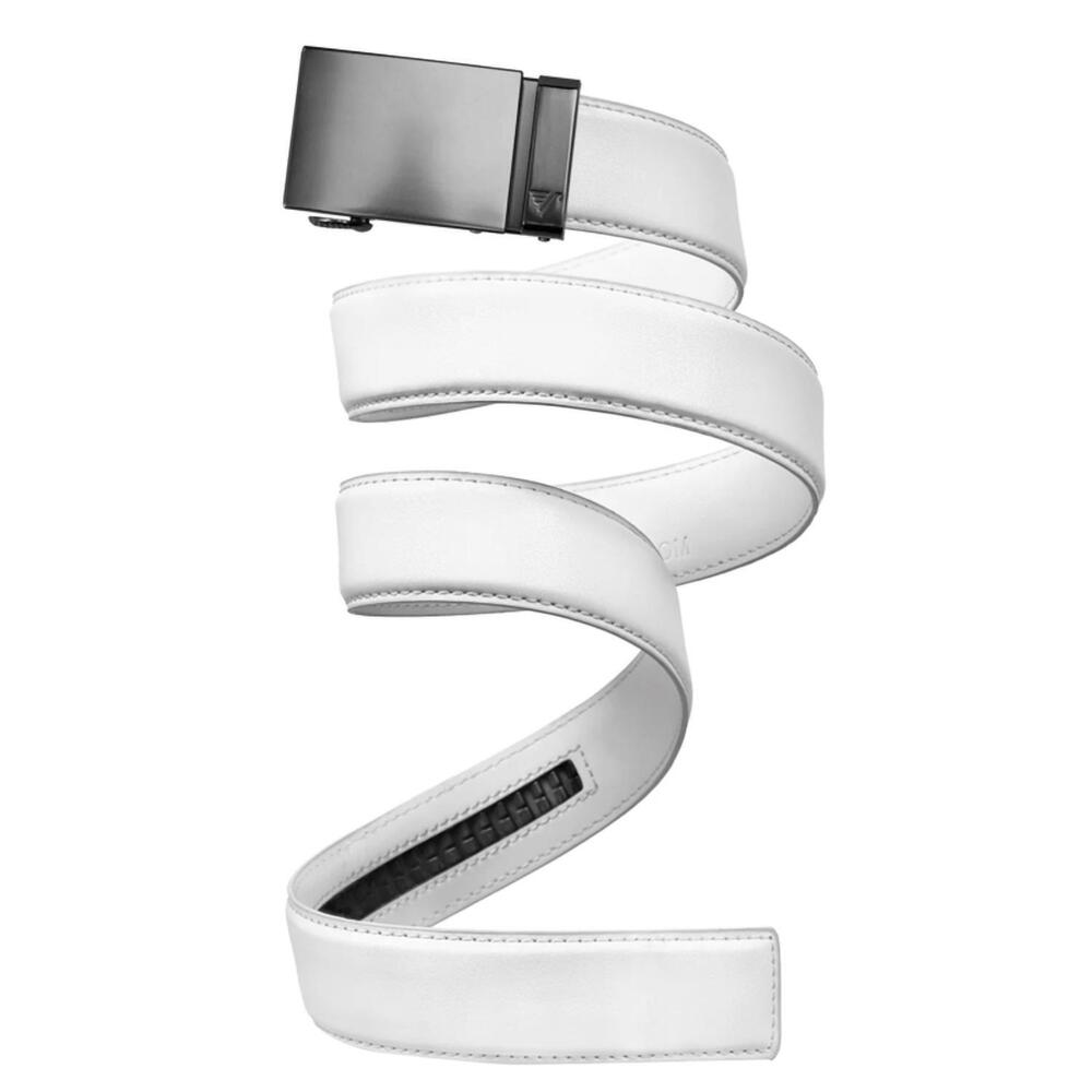 NEW MISSION BELT adjustable ratchet belt in gunmetal/white leather